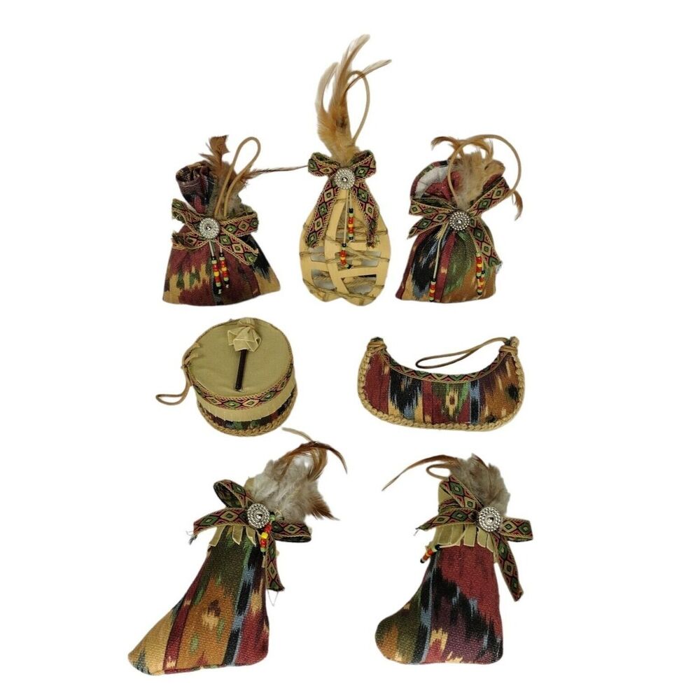 Vintage 80s Southwestern Indian Set of Seven Handmade Christmas Ornaments GANZ